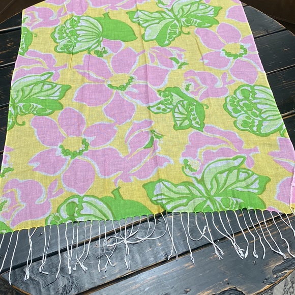 Lilly Pulitzer Murfee Scarf Yellow with Green Butterflies & Pink Flowers - Picture 7 of 7